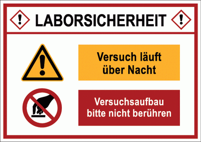 Laborsicherheit mit einem Warn- und Verbotszeichen sowie Hinweistext