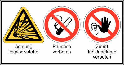 Mehrsymbolschild mit zwei Verbotsschildern, einem Warnschild und entsprechenden Texten