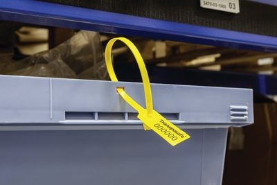 Kunststoff-Ringplombe POLYCHECK, gelb mit Lasche, mit Nummerierung und individueller Beschriftung