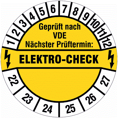 Prüfplakette "Geprüft nach VDE Nächster Prüftermin: Electro-Check"