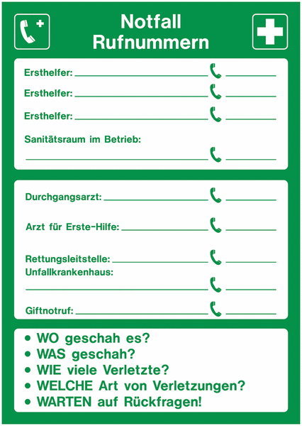 Notfall Rufnummern - Erste-Hilfe-Schild, 5W Fragen | SETON