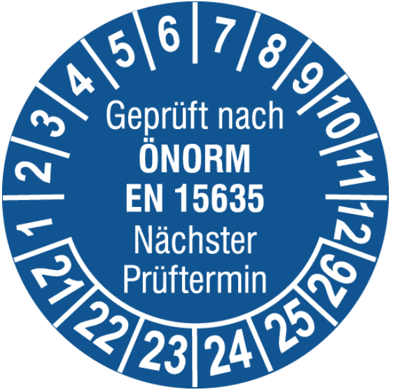 Vorlage: Regal-Prüfplakette ÖNORM EN 15635 - Nächster Prüftermin